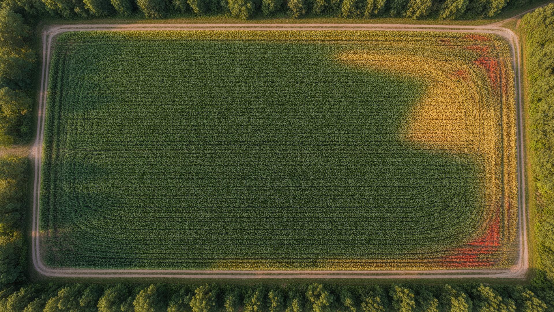 Aerial view of farmland with soil-quality color zones emerging within the crop