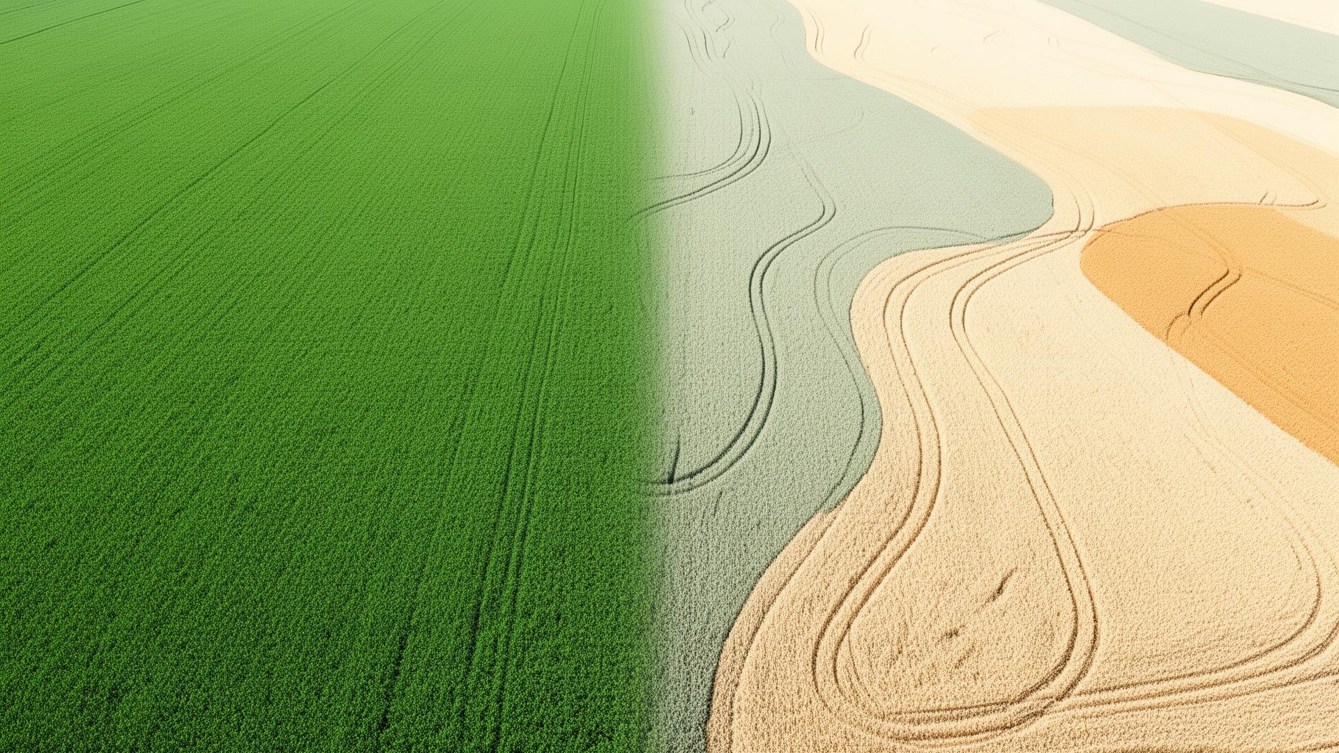 Aerial view of farmland with soil-quality color zones emerging within the crop