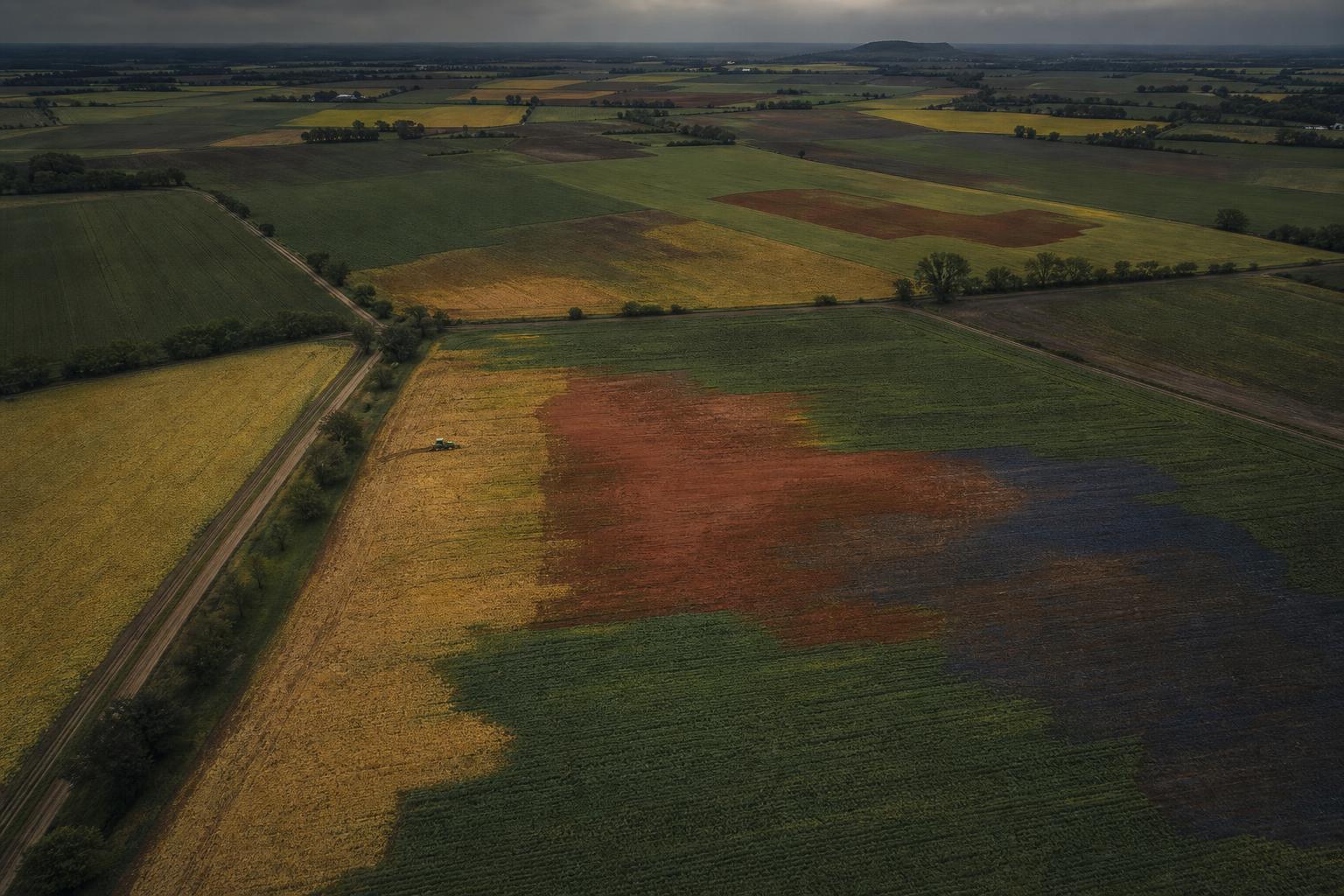 Aerial view of farmland with soil suitability heatmap overlay
