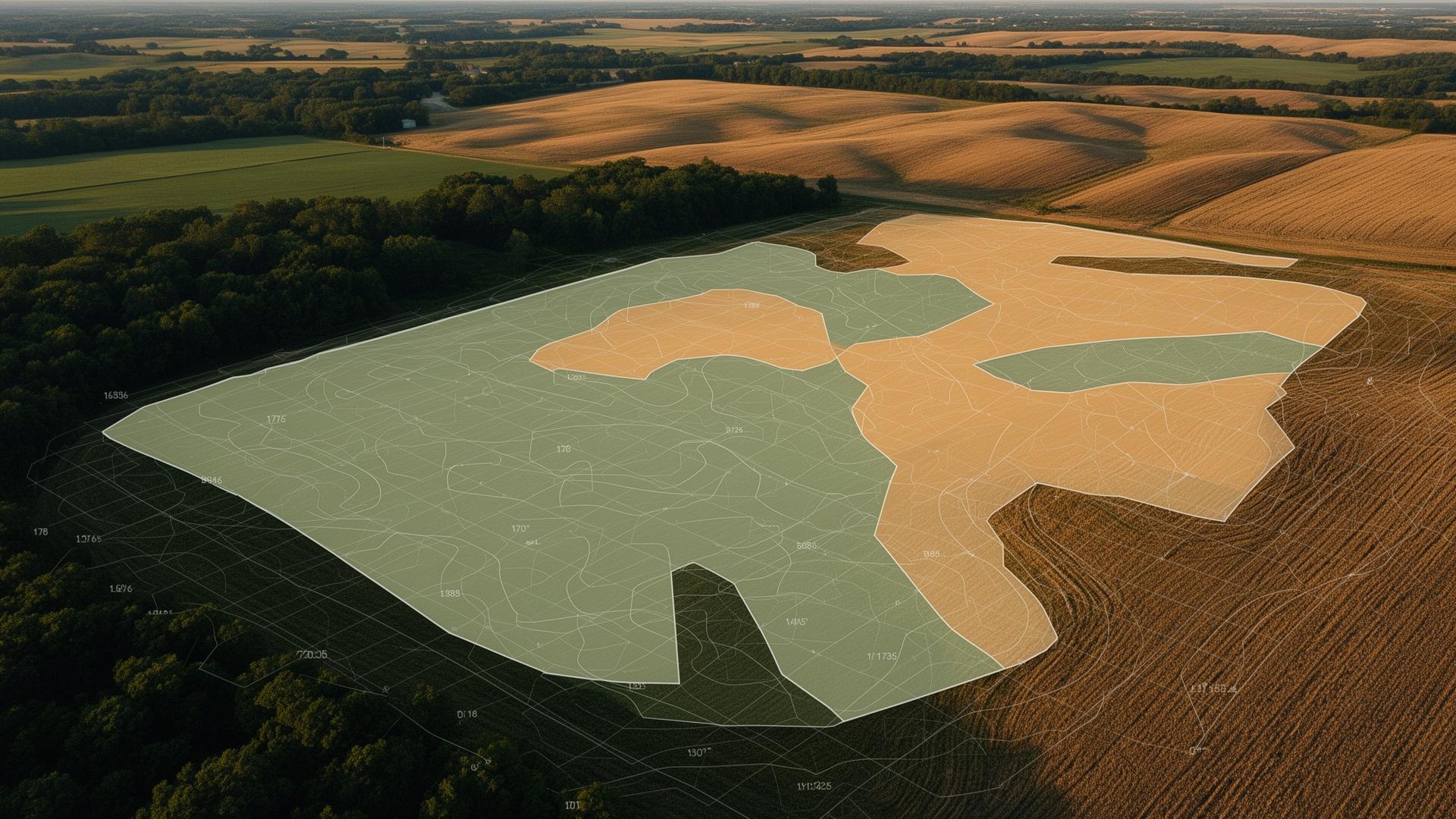 Aerial view of farmland with soil suitability heatmap overlay